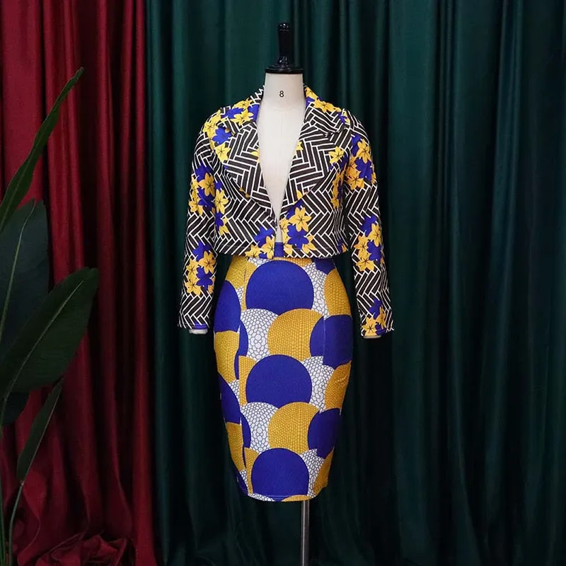 2 Piece Women Set Fashion Causal Long Sleeve Suits Jacket Overalls Print Wrapped Hip Skirt