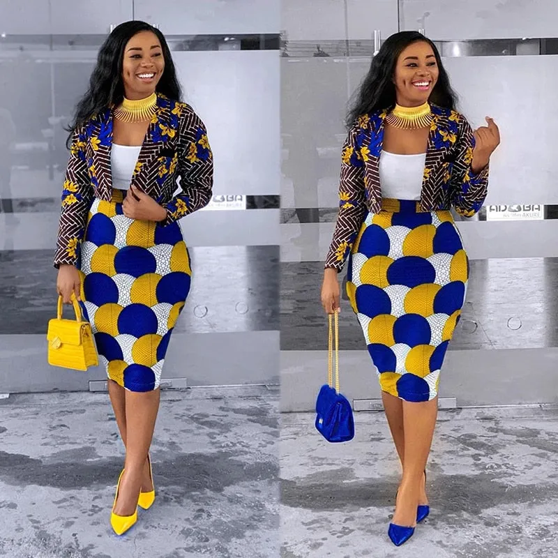 2 Piece Women Set Fashion Causal Long Sleeve Suits Jacket Overalls Print Wrapped Hip Skirt