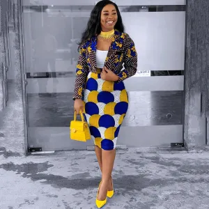 2 Piece Women Set Fashion Causal Long Sleeve Suits Jacket Overalls Print Wrapped Hip Skirt