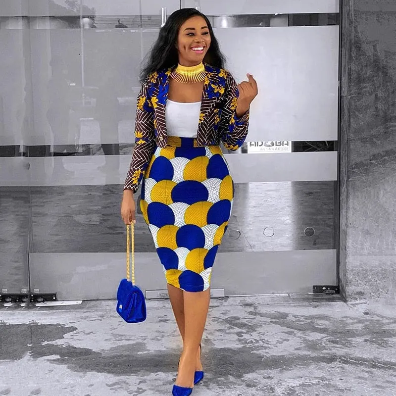2 Piece Women Set Fashion Causal Long Sleeve Suits Jacket Overalls Print Wrapped Hip Skirt