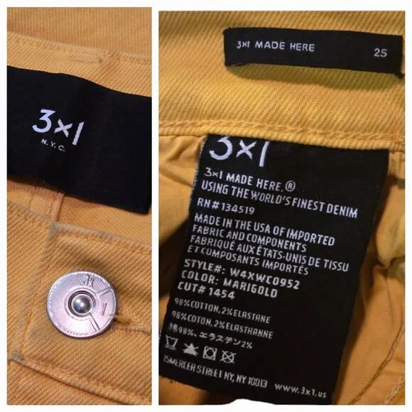 3×1 NYC Shelter Wide Leg Cropped Jeans High Rise in Marigold Size 25