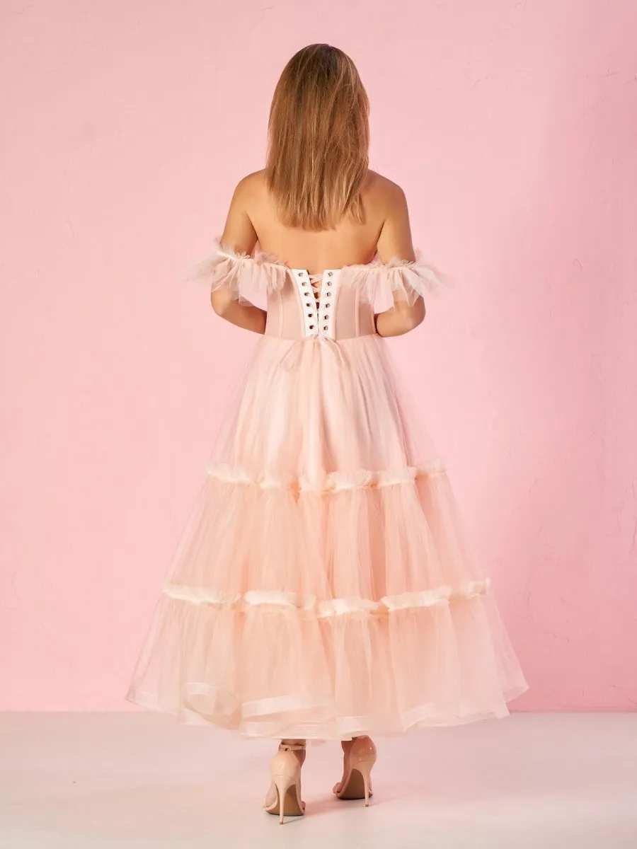 A-line Corset Ruffled Tulle Prom Dresses