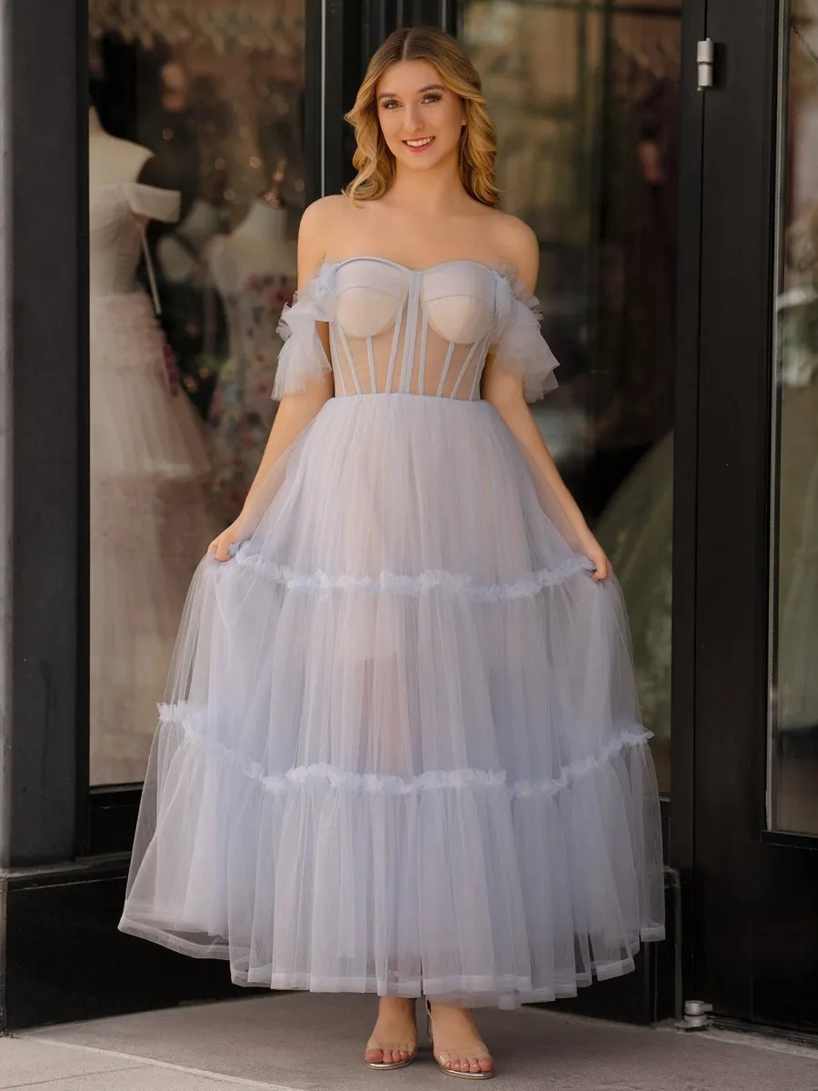 A-line Corset Ruffled Tulle Prom Dresses