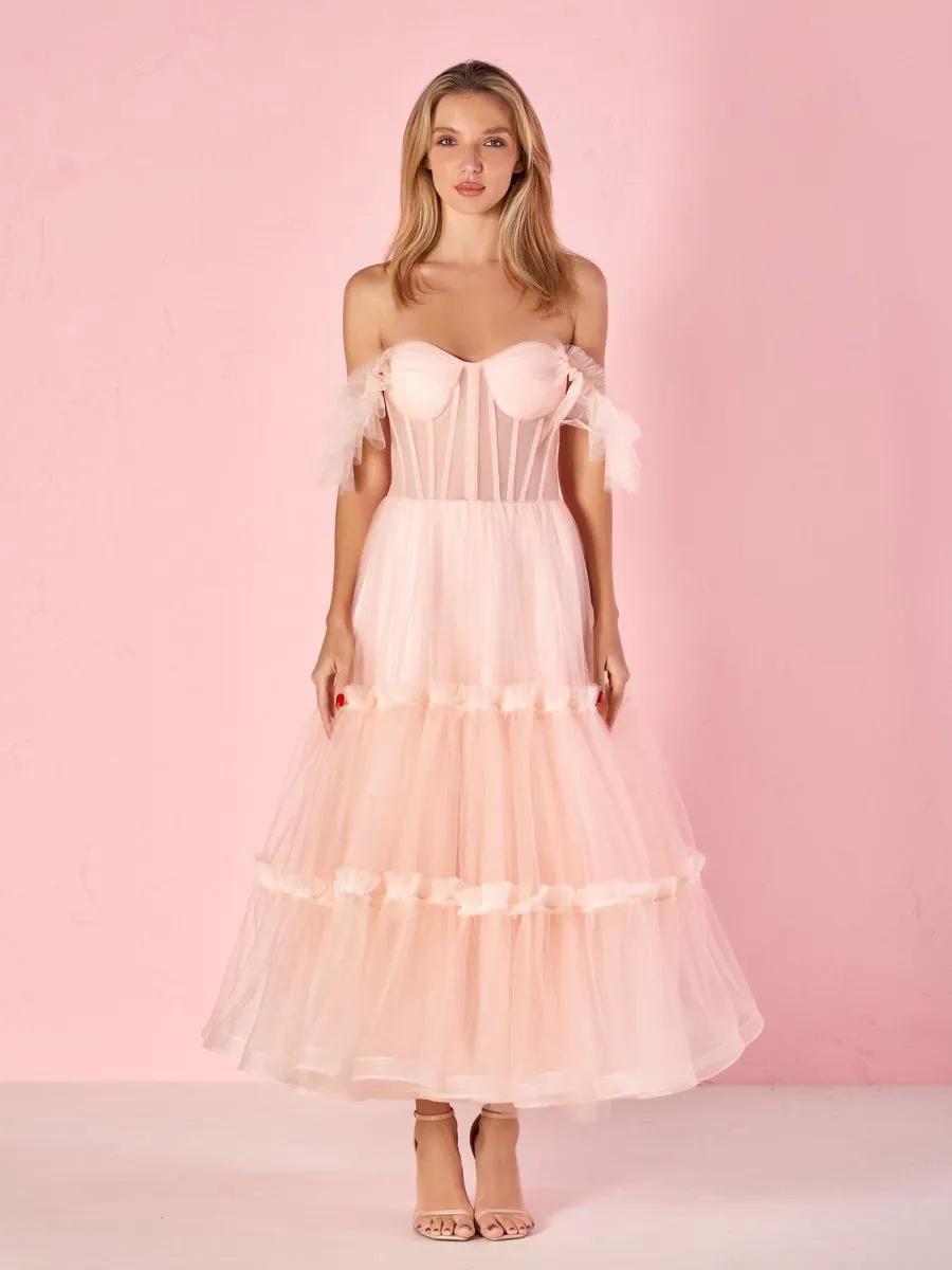 A-line Corset Ruffled Tulle Prom Dresses