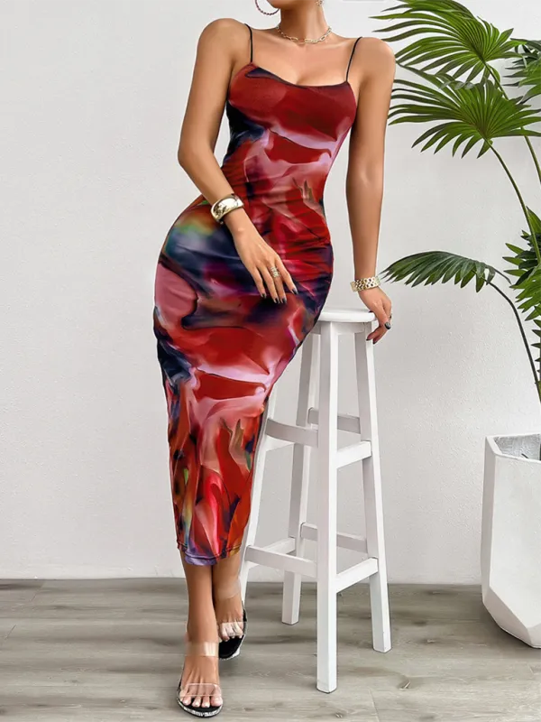 Abstract Print Slim-Fit Midi Dress with Spaghetti Straps