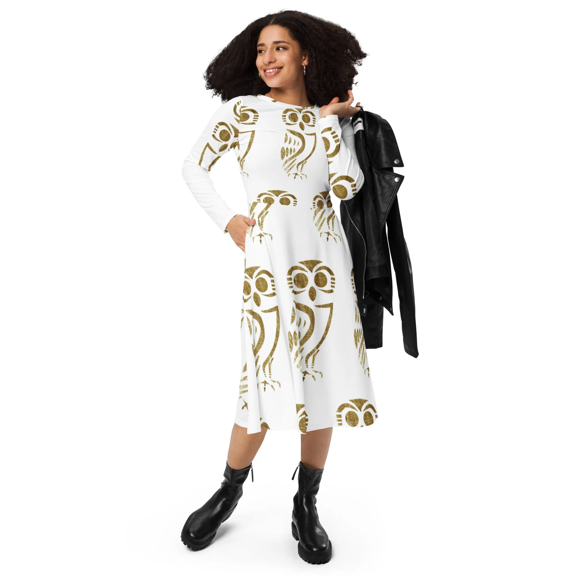 All-Over Print Long Sleeve Midi Dress