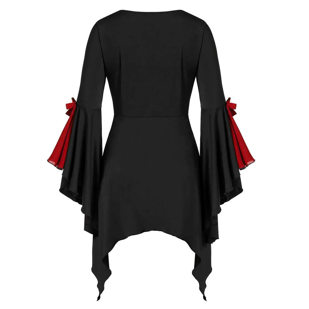 Aniywn Plus Size Womens Halloween Tops, Flare Long Sleeve Sequined Lace Up Gothic Costume Tunic Tee Shirt Red