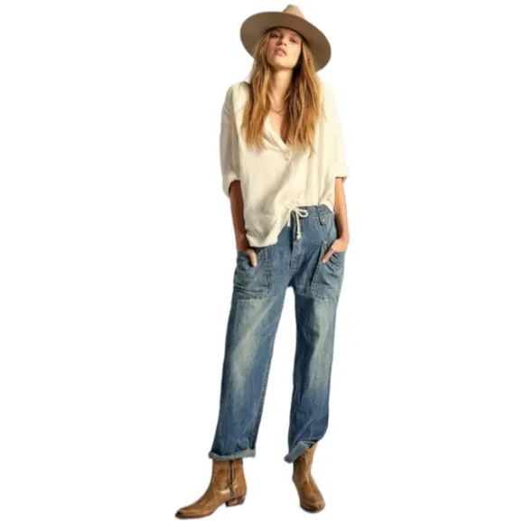 Anthropologie We The Free Rockwell Slouchy Wide Leg High Rise Drawstring Jeans