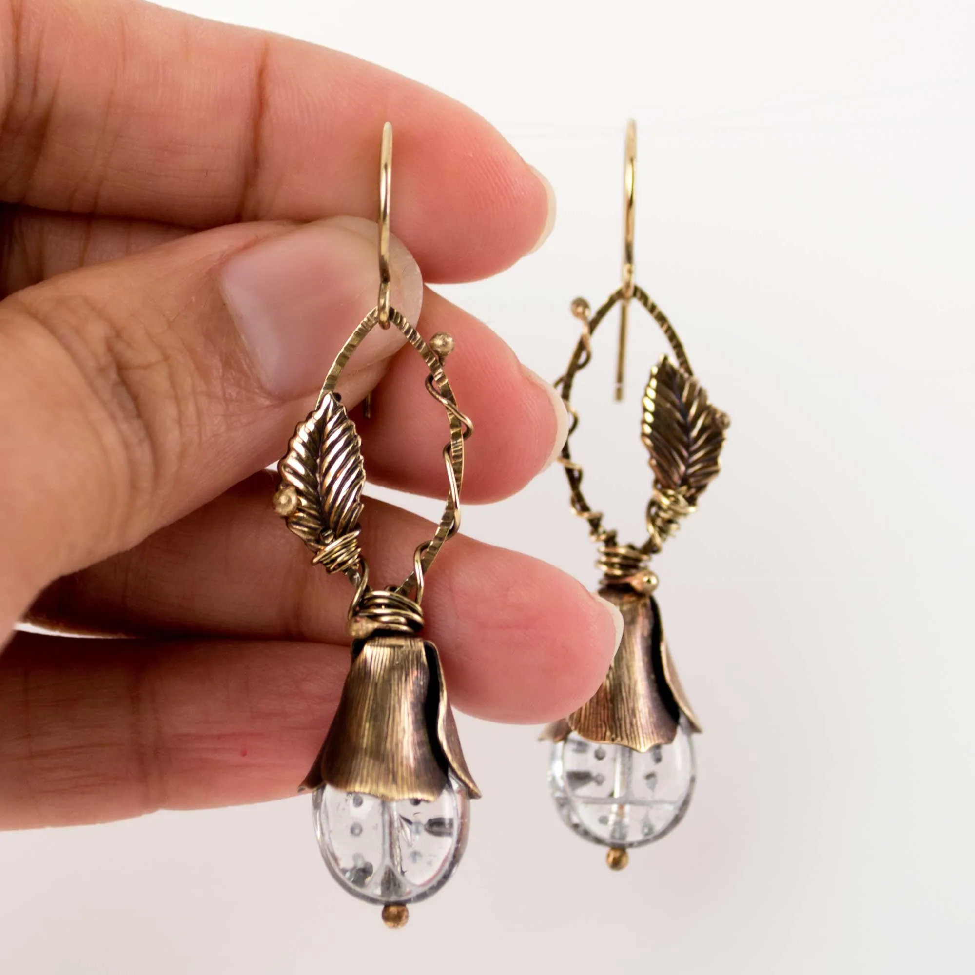 Antique Brass Floral Earrings | Leaves Ladybug Dangles