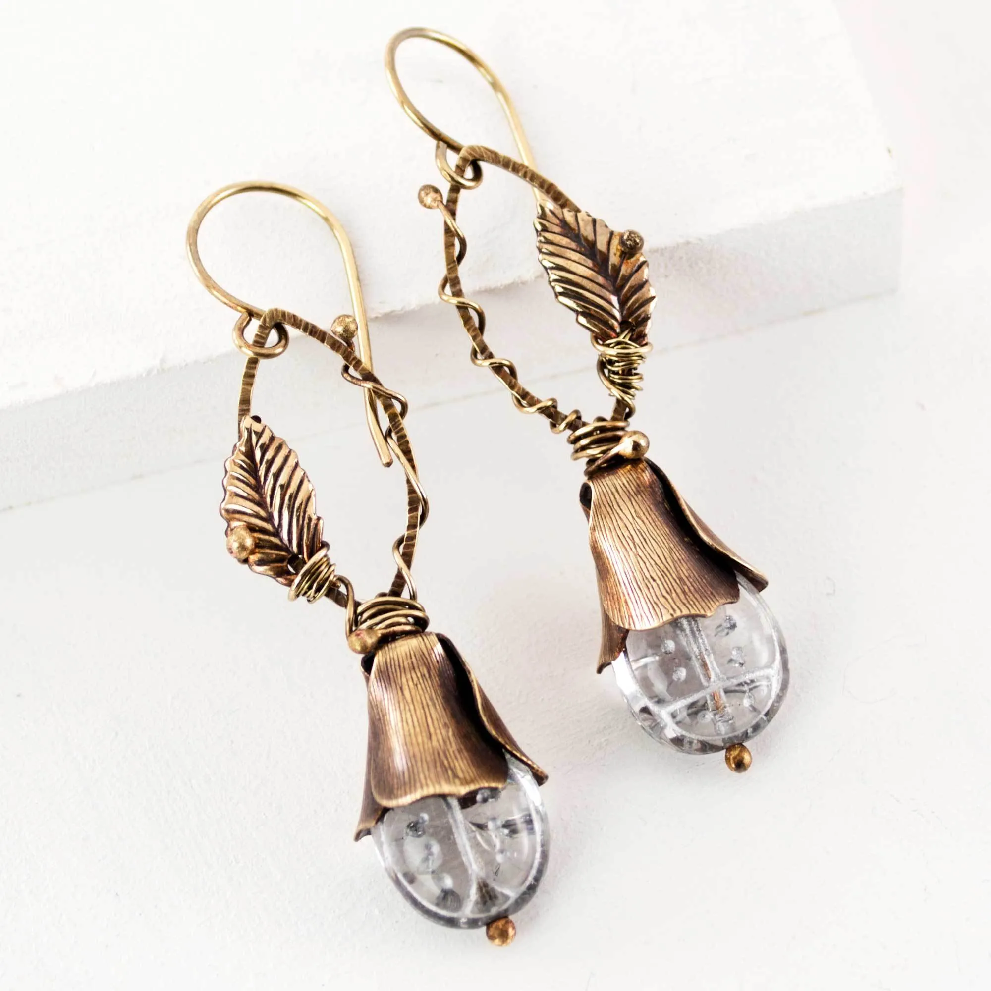 Antique Brass Floral Earrings | Leaves Ladybug Dangles