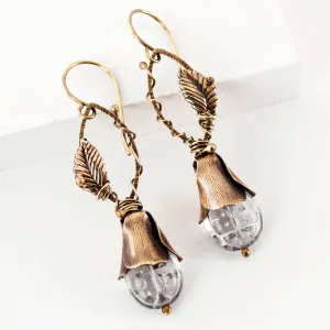 Antique Brass Floral Earrings | Leaves Ladybug Dangles