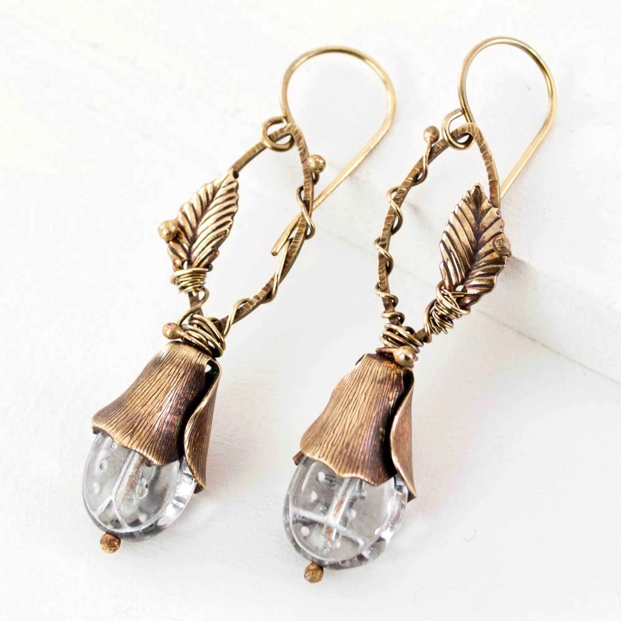 Antique Brass Floral Earrings | Leaves Ladybug Dangles