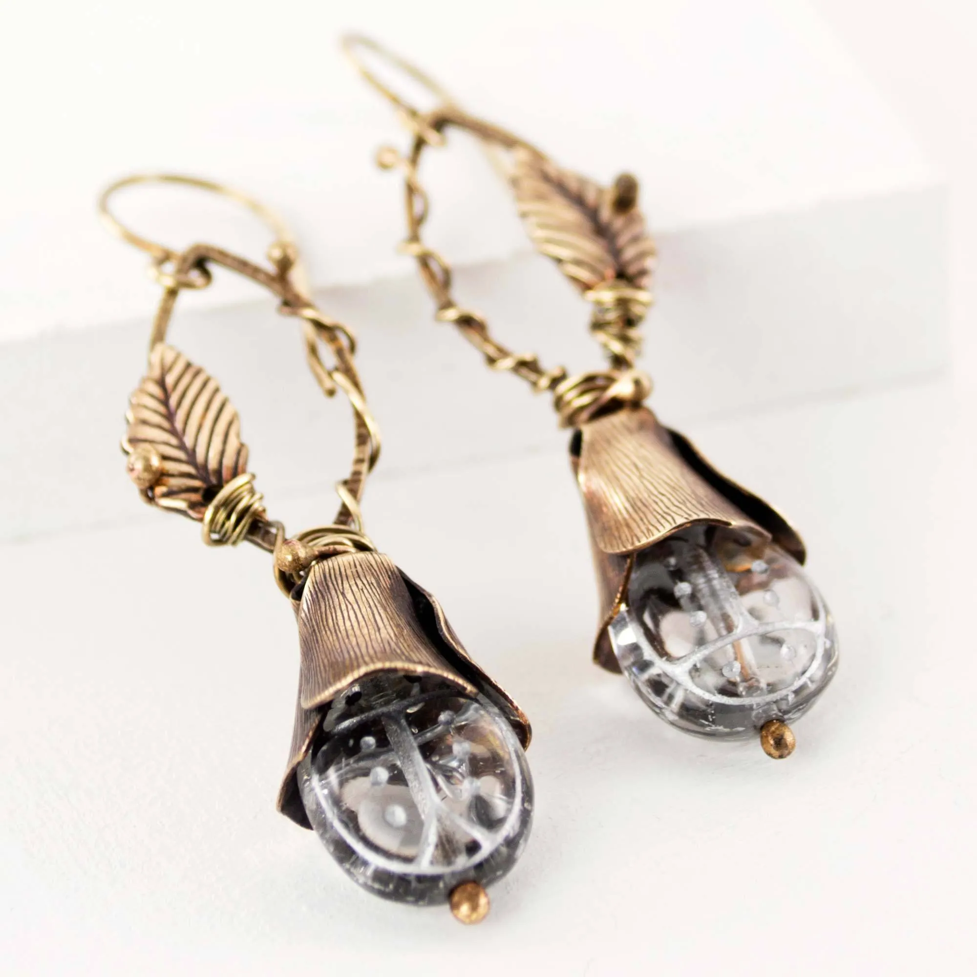 Antique Brass Floral Earrings | Leaves Ladybug Dangles