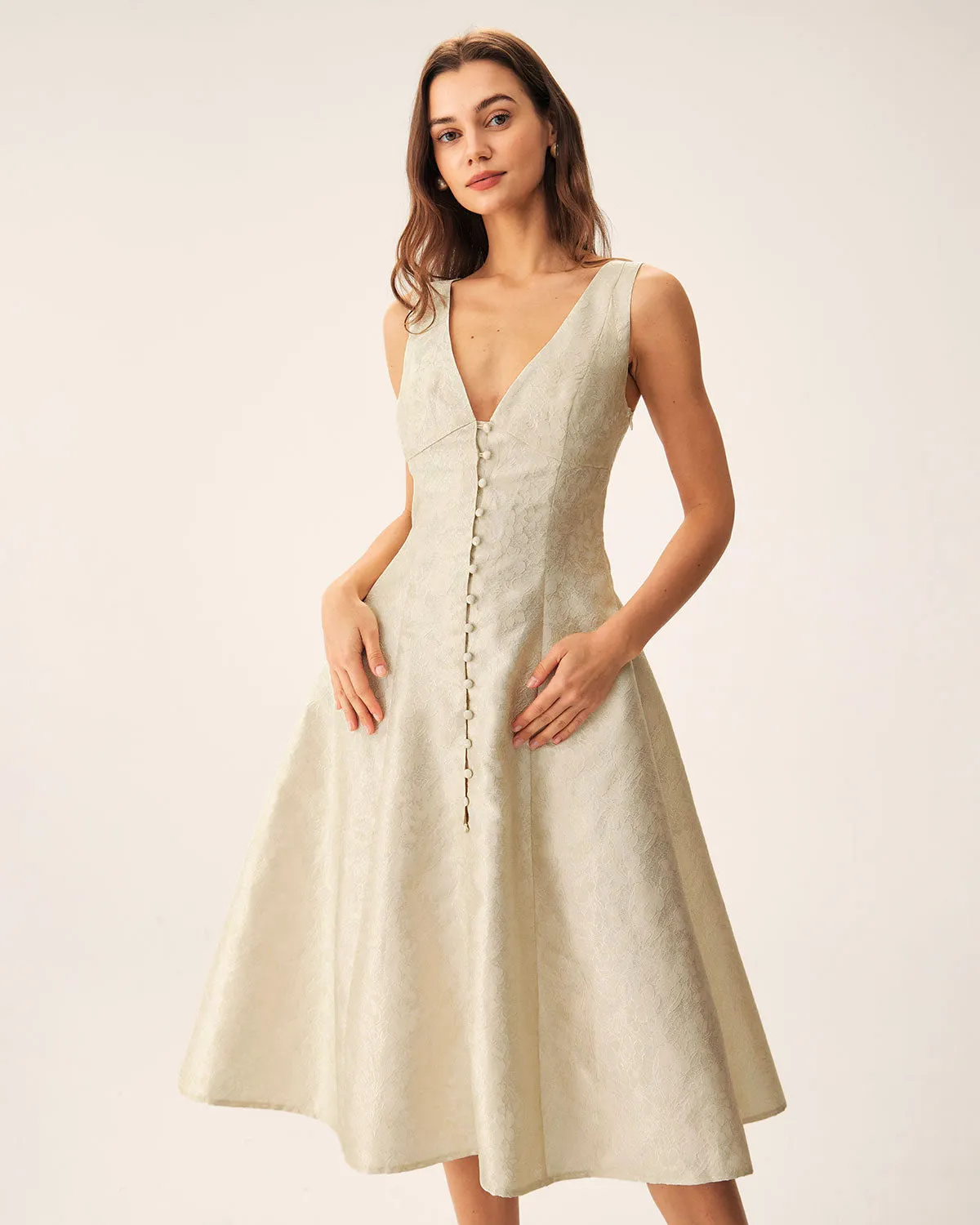 Apricot V-Neck Textured Sleeveless Midi Dress