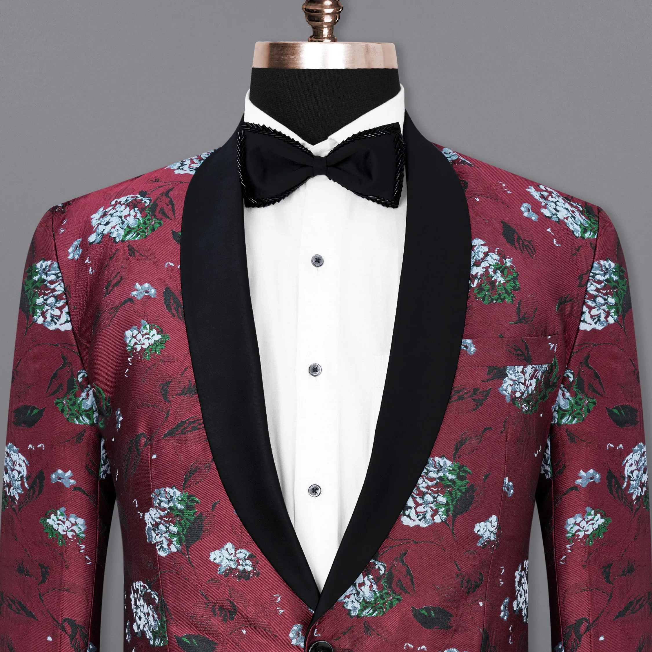 Aubergine Floral Printed and Textured Tuxedo Blazer