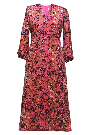 Azaelea V Neck Midi Floral Dress with Bell Puff Sleeves