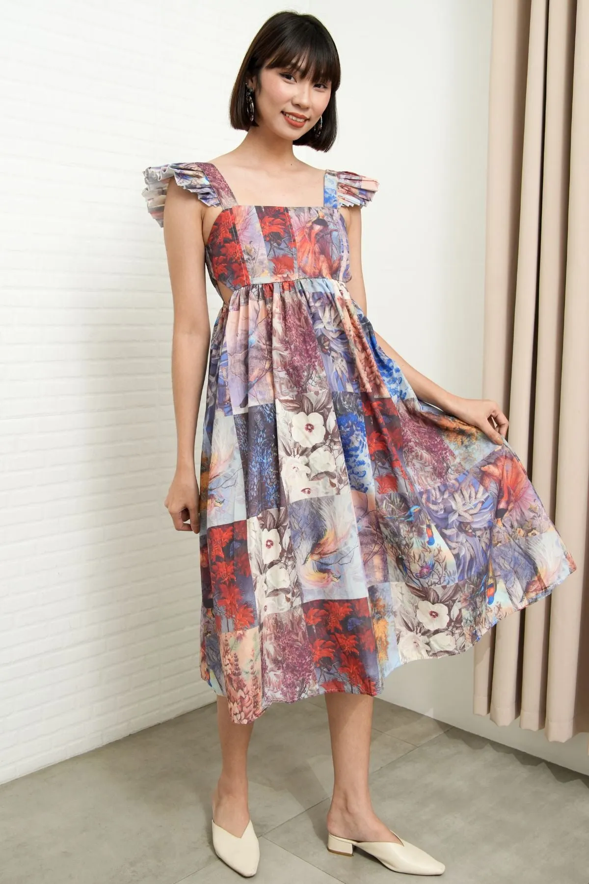 BEATRICE Flutter-Sleeve Midi Dress (Vintage Patchwork)