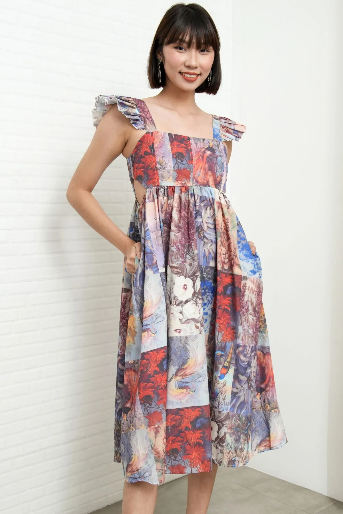 BEATRICE Flutter-Sleeve Midi Dress (Vintage Patchwork)