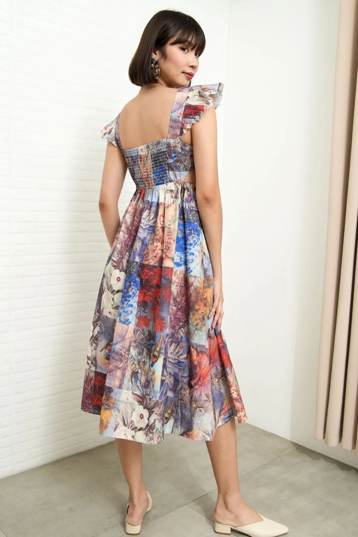 BEATRICE Flutter-Sleeve Midi Dress (Vintage Patchwork)