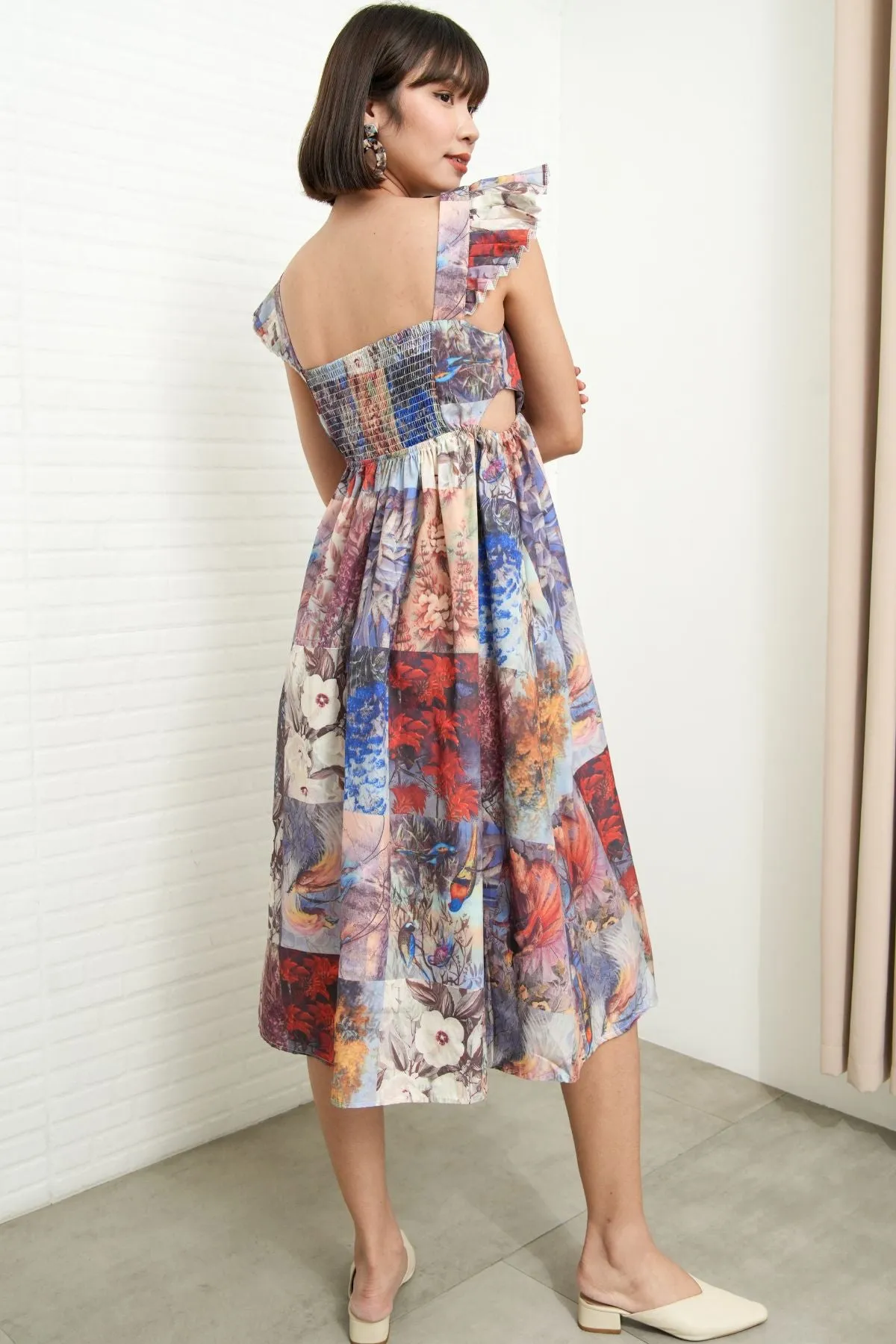 BEATRICE Flutter-Sleeve Midi Dress (Vintage Patchwork)