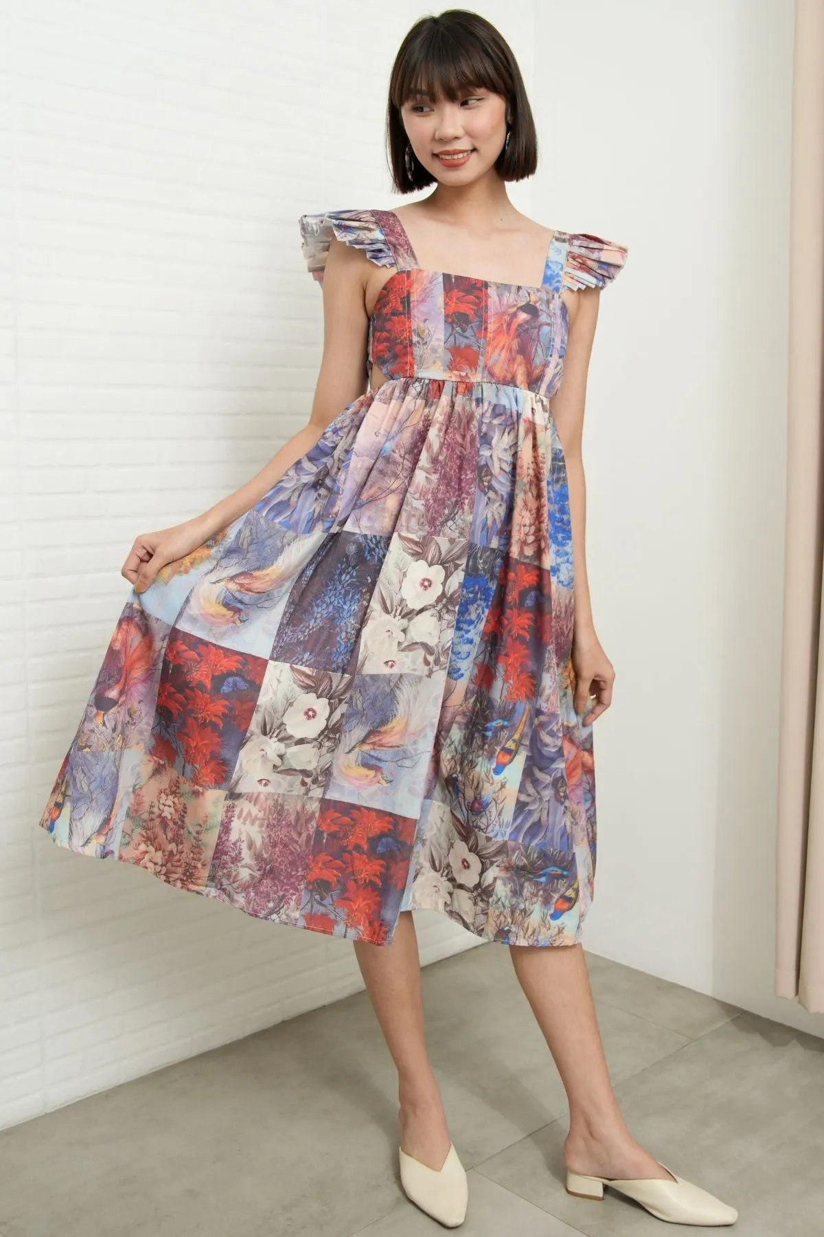 BEATRICE Flutter-Sleeve Midi Dress (Vintage Patchwork)