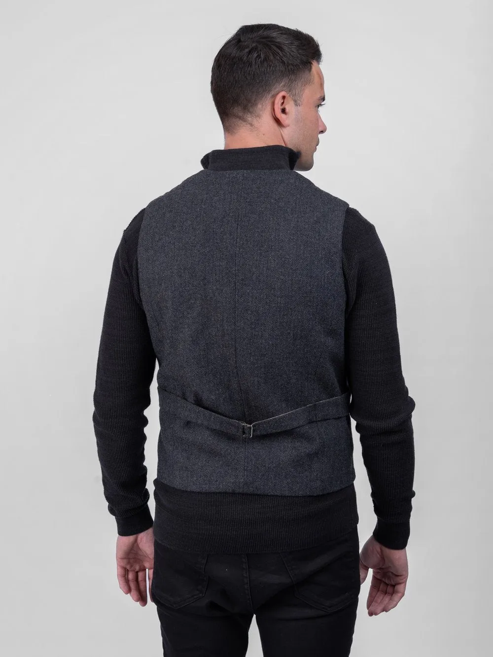 Behan Grey Herringbone Tweed Waistcoat & Vest with Revere