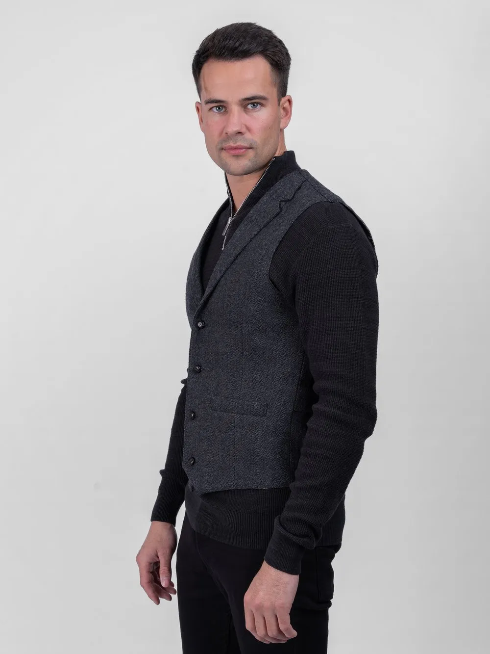 Behan Grey Herringbone Tweed Waistcoat & Vest with Revere
