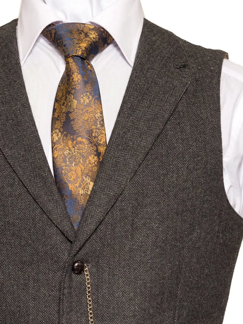 Behan Grey Herringbone Tweed Waistcoat & Vest with Revere