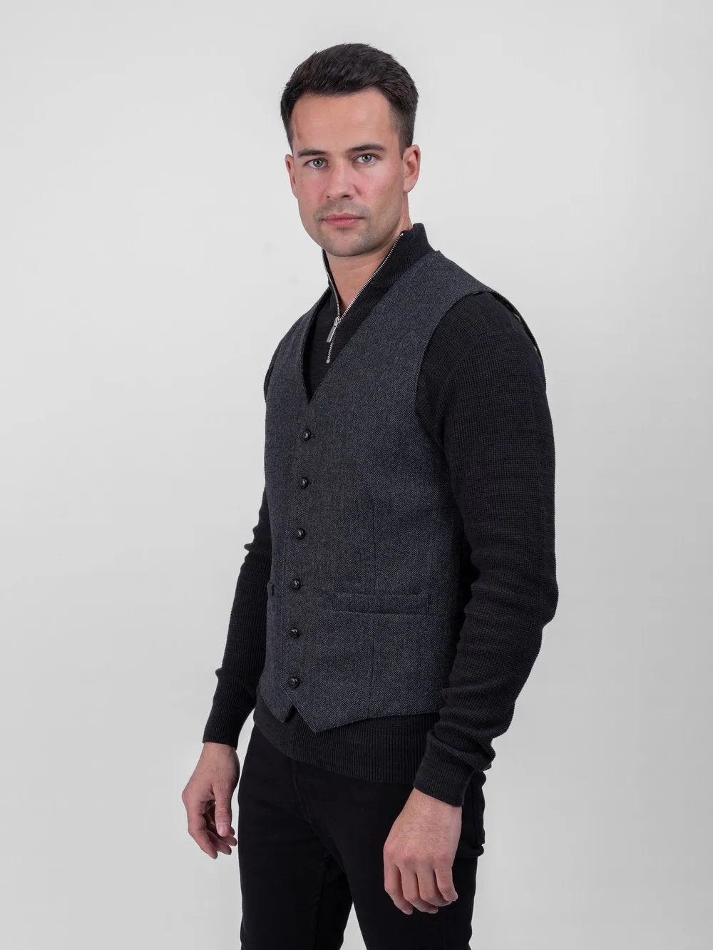 Behan Grey Herringbone Tweed Waistcoat & Vest