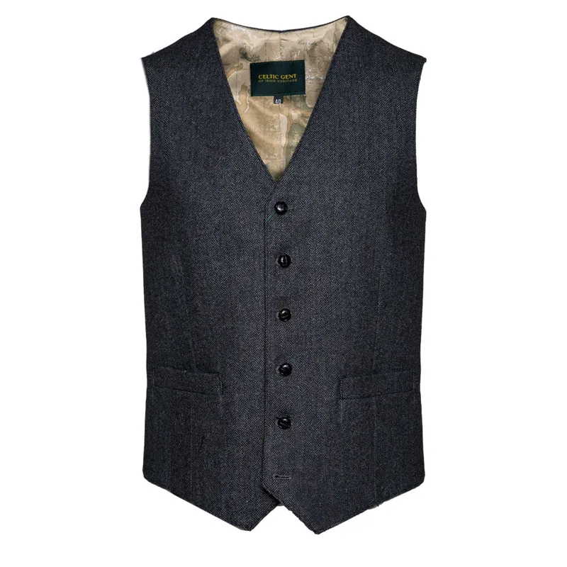 Behan Grey Herringbone Tweed Waistcoat & Vest
