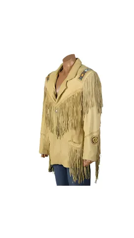 Beige Leather Beaded Western Fringe Jacket for Women Cowgirl WFJ213