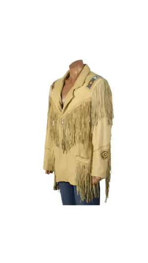 Beige Leather Beaded Western Fringe Jacket for Women Cowgirl WFJ213