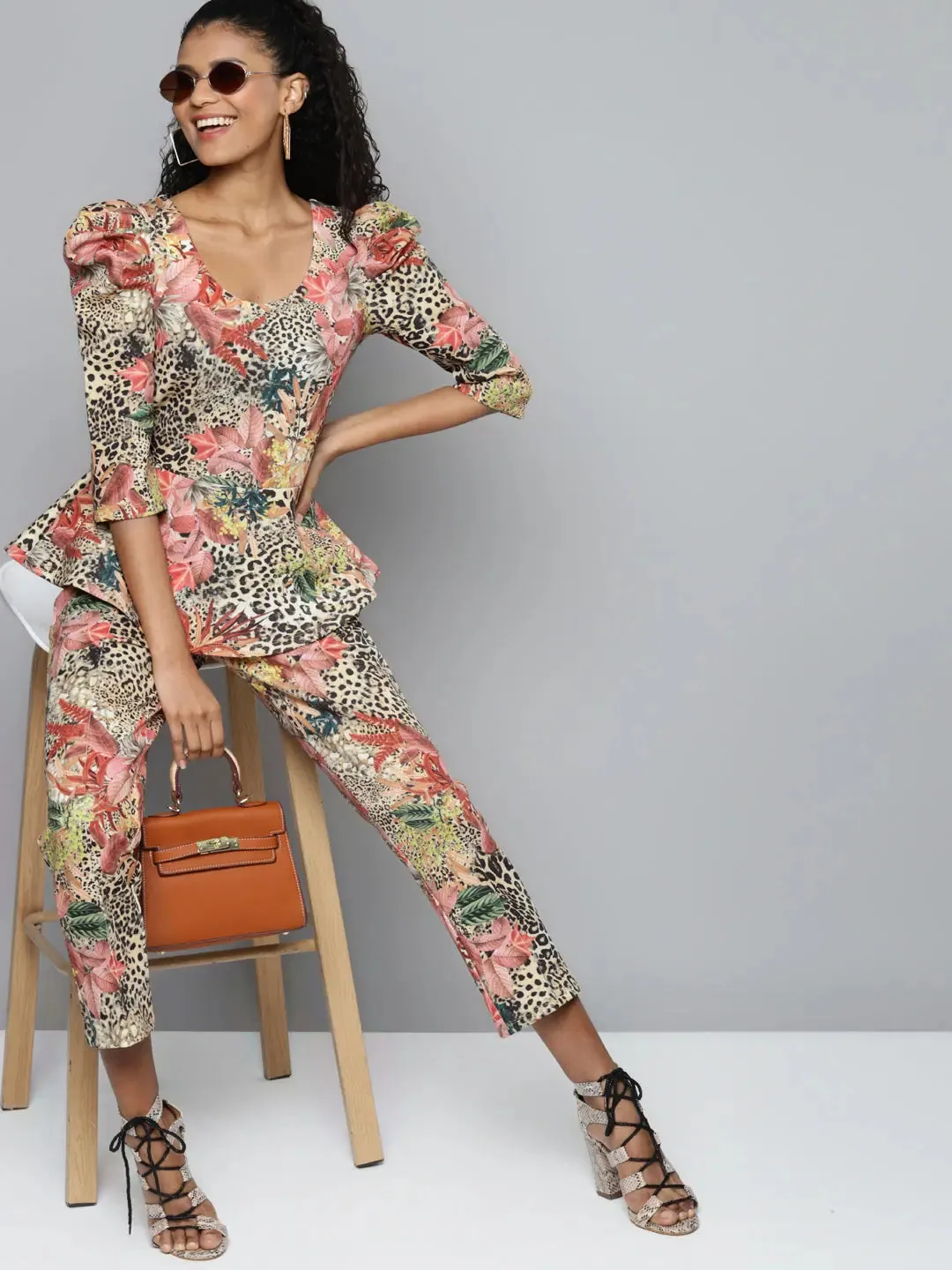 Beige Scuba Cheetah Floral Peplum Top