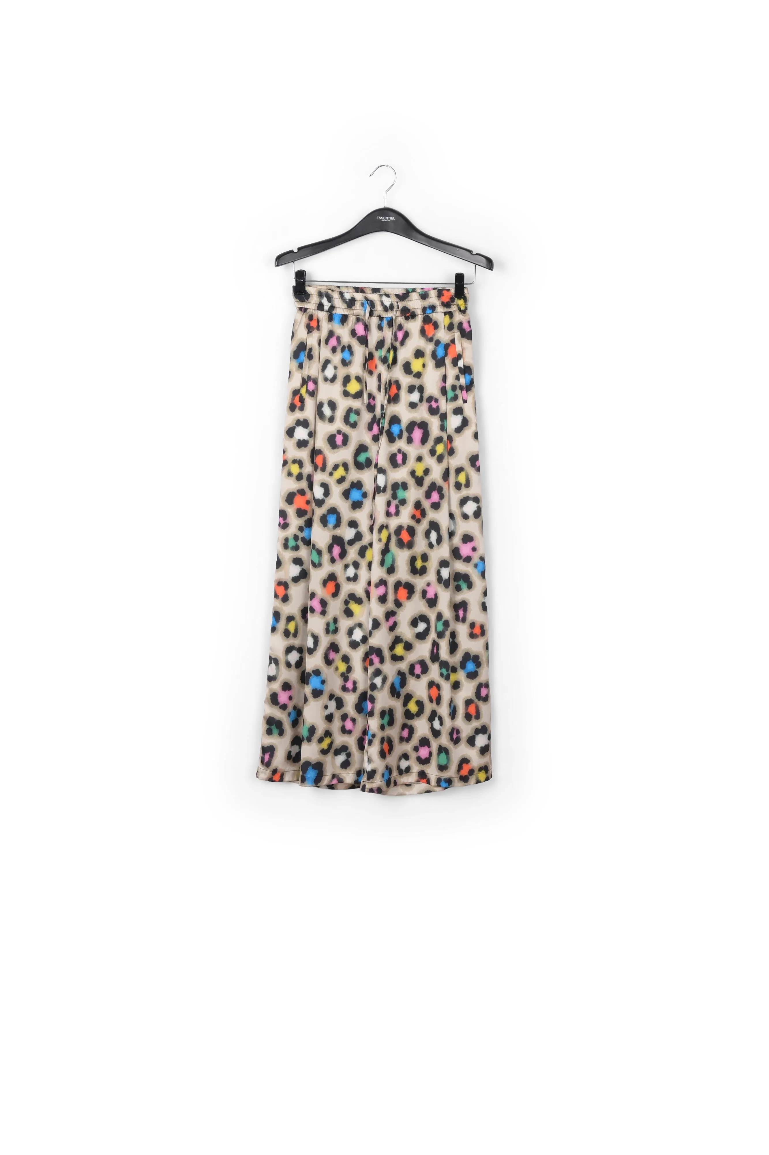 Beige wide-leg pants with multicolor leopard print