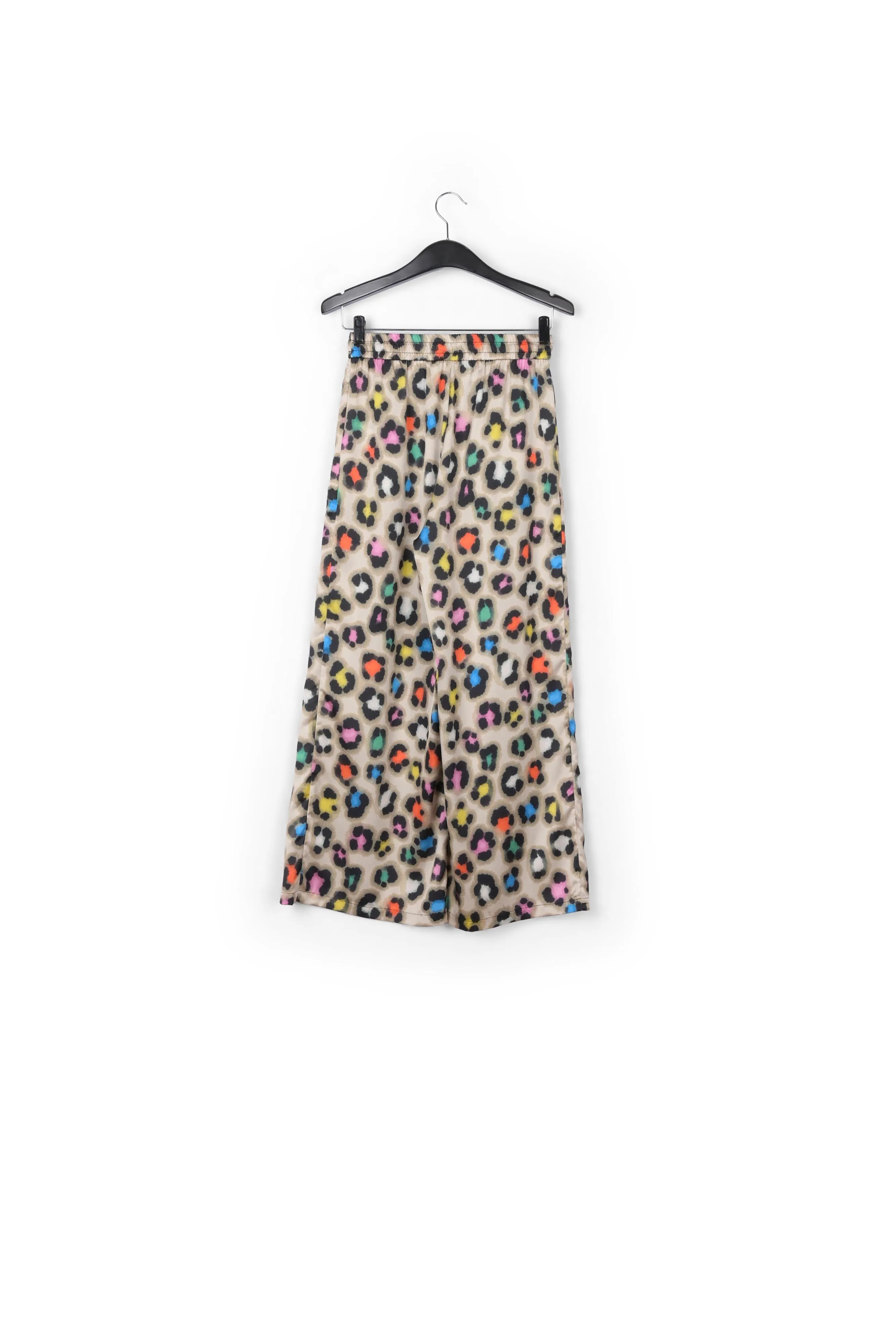 Beige wide-leg pants with multicolor leopard print