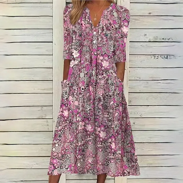Beiges Blumen-Midikleid - Hannah