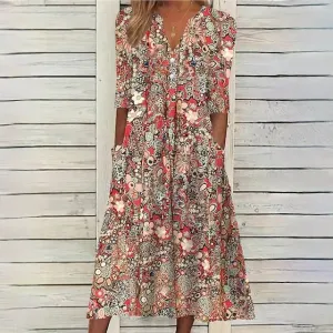 Beiges Blumen-Midikleid - Hannah
