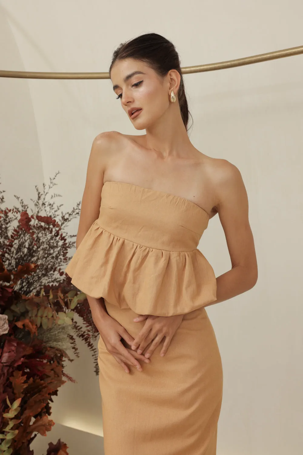 BIJOU DRESS Strapless Peplum Top and Pencil Skirt (Camel Linen)