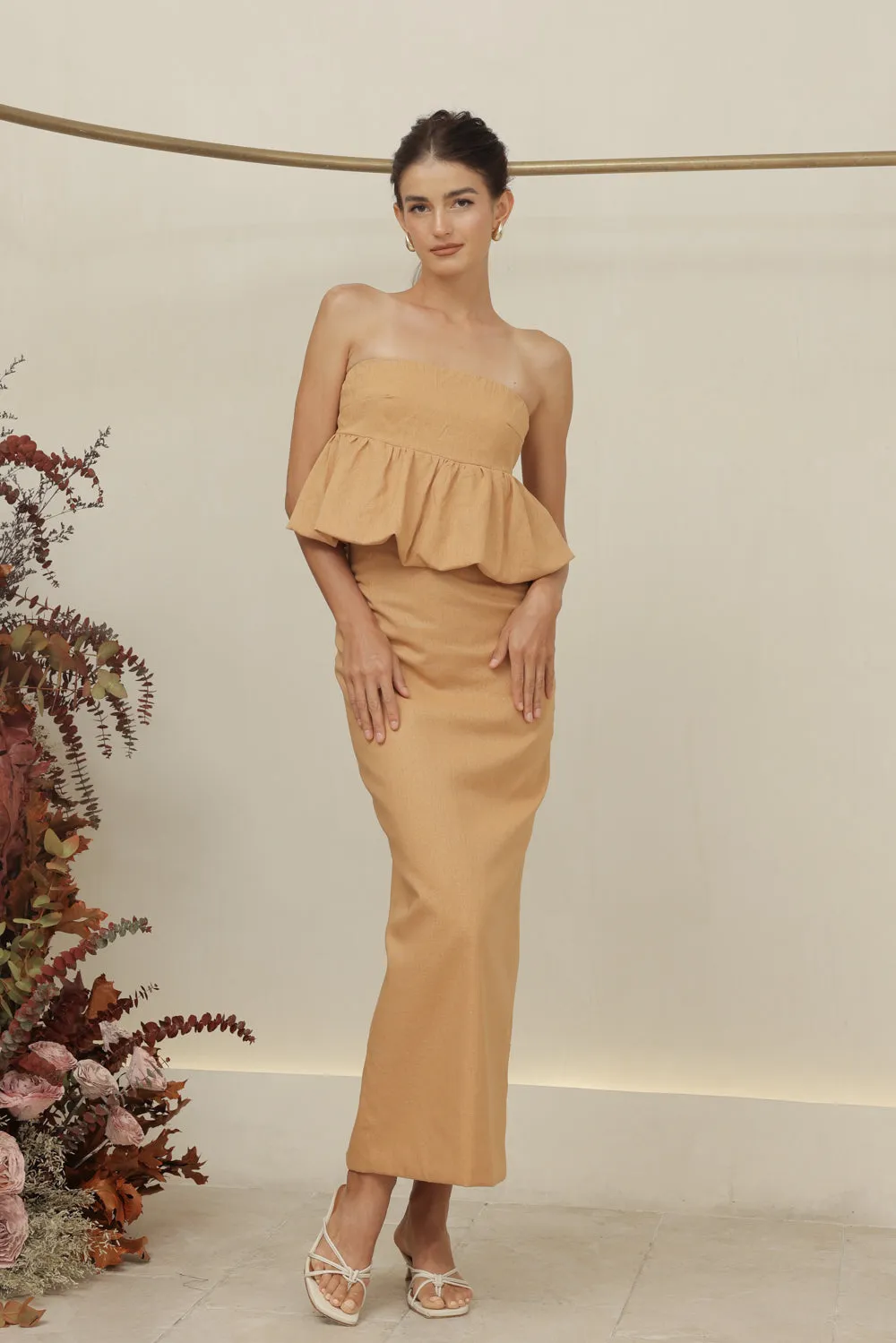 BIJOU DRESS Strapless Peplum Top and Pencil Skirt (Camel Linen)