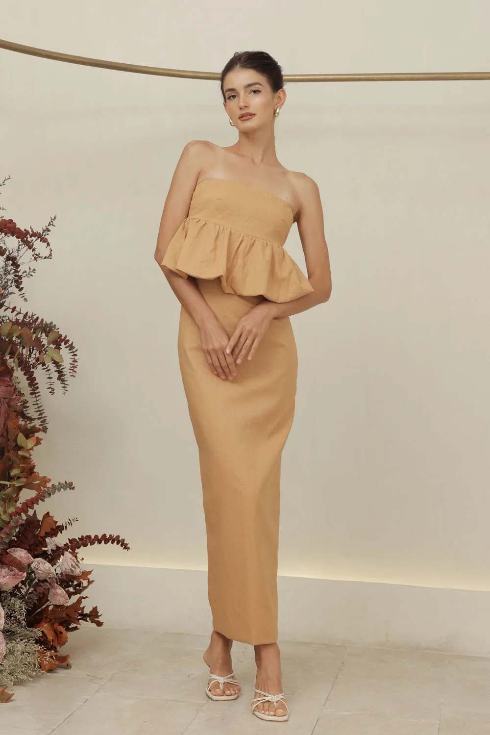 BIJOU DRESS Strapless Peplum Top and Pencil Skirt (Camel Linen)