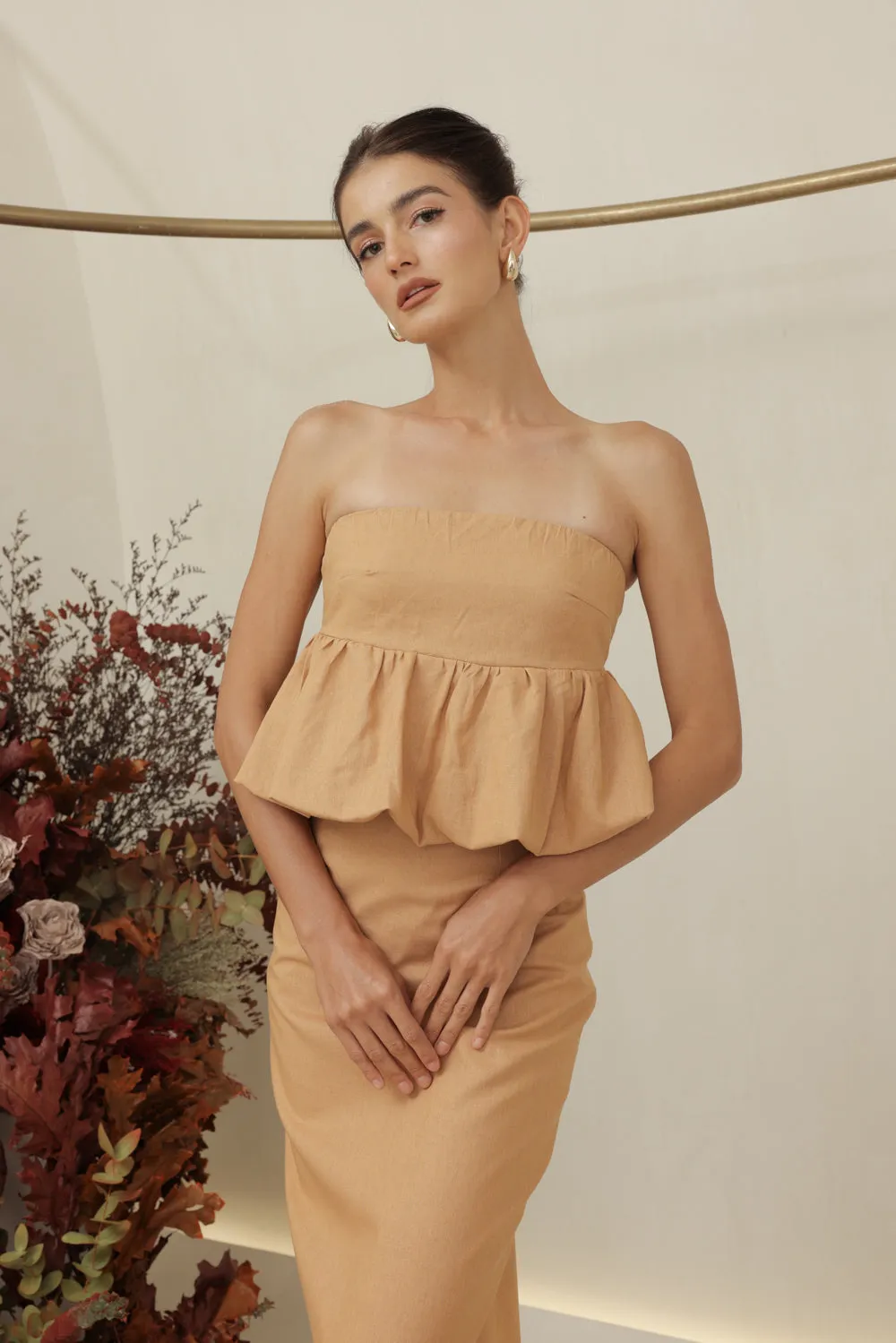 BIJOU DRESS Strapless Peplum Top and Pencil Skirt (Camel Linen)