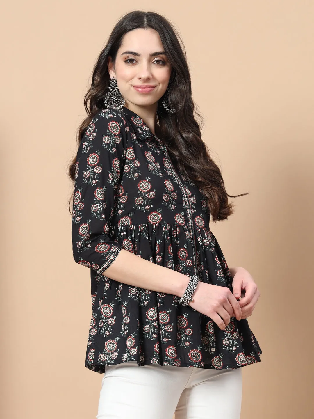 Black Cotton Floral Print Peplum Top