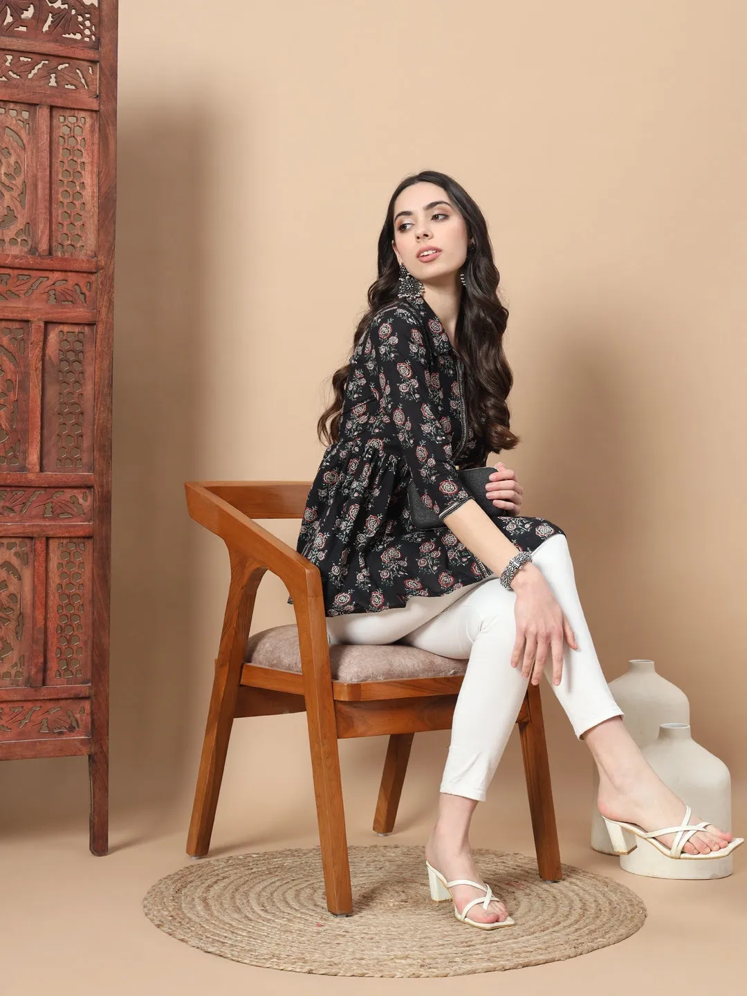 Black Cotton Floral Print Peplum Top
