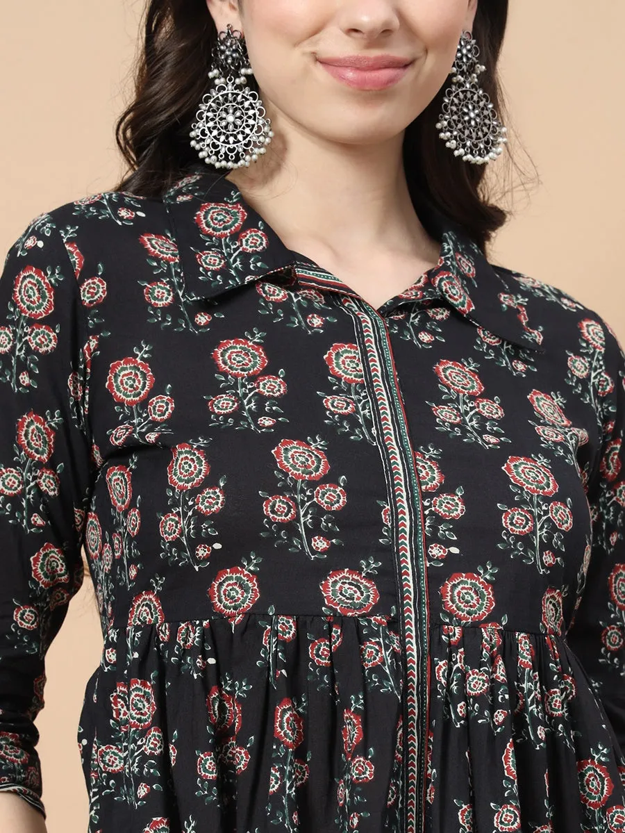 Black Cotton Floral Print Peplum Top