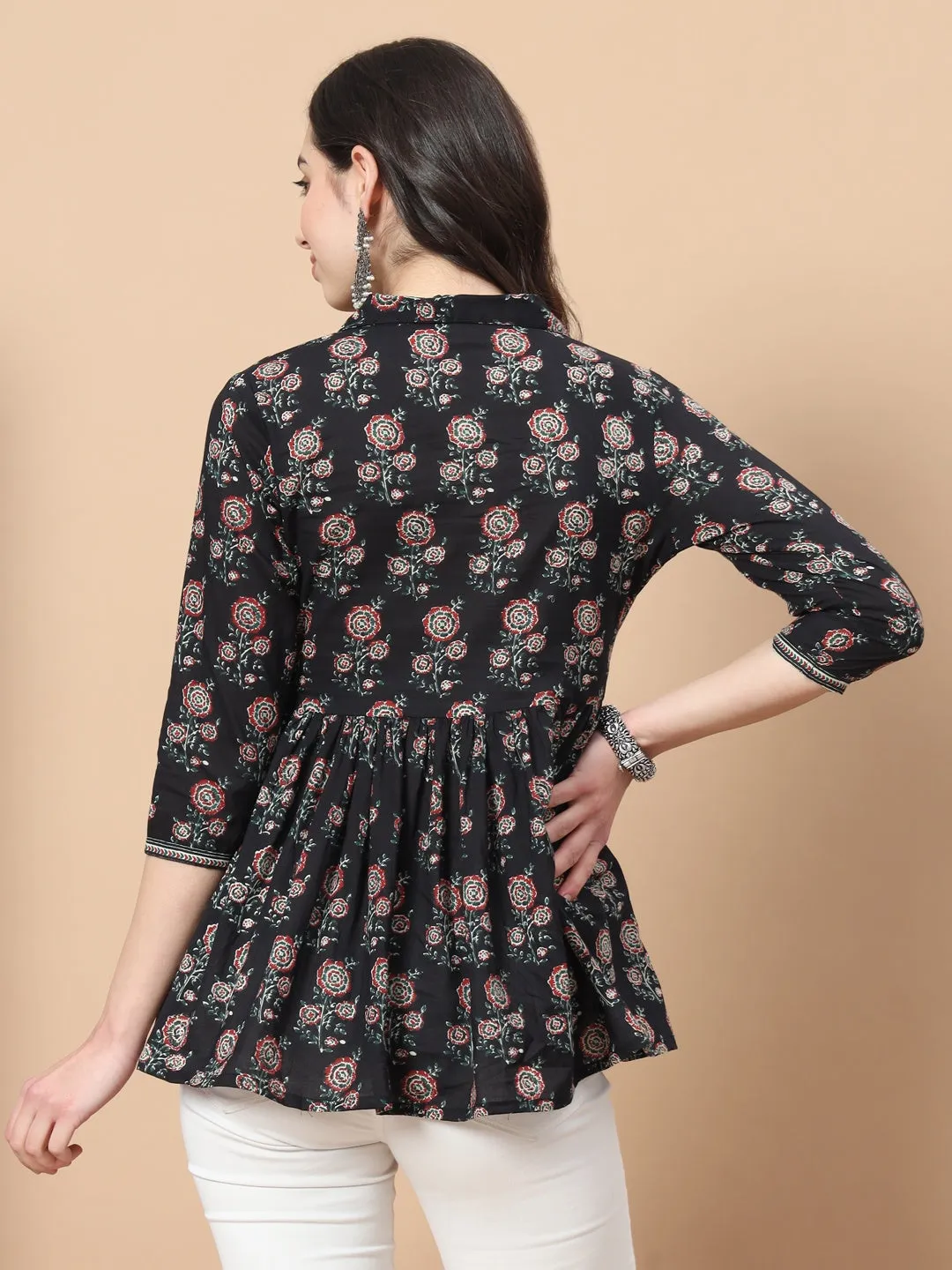 Black Cotton Floral Print Peplum Top