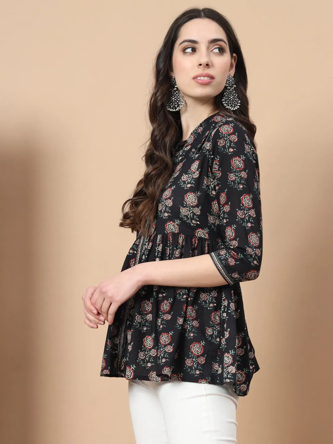 Black Cotton Floral Print Peplum Top