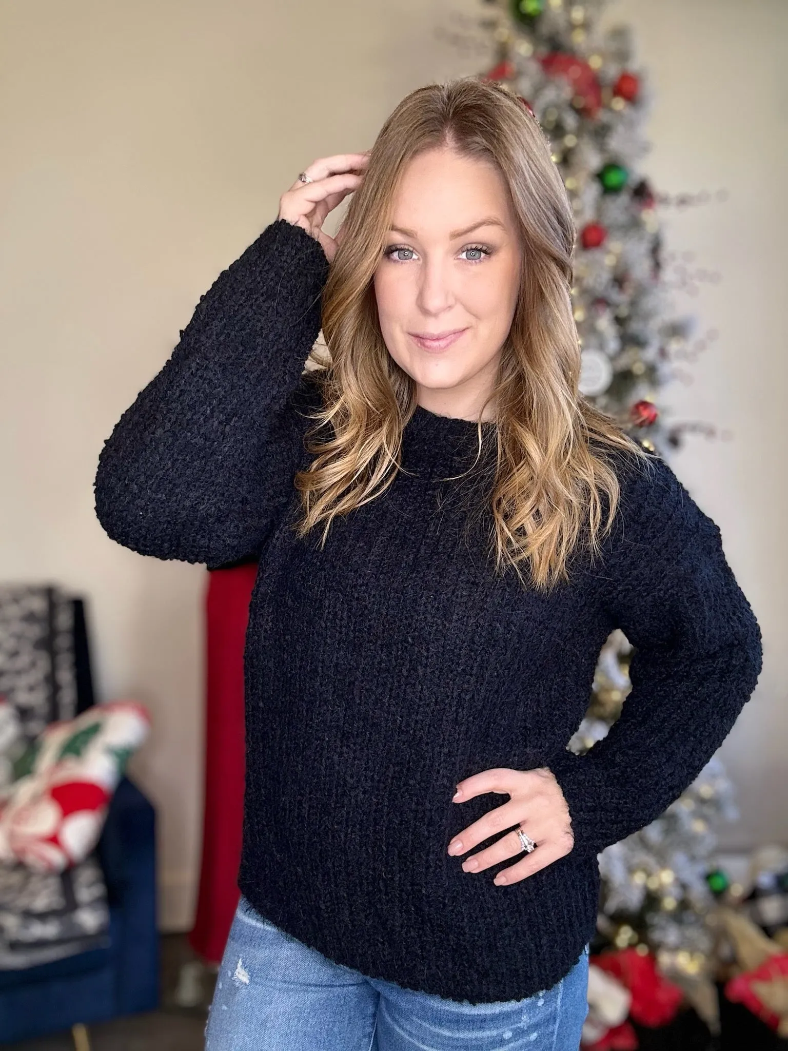 Black Round Neck Brushed Sweater