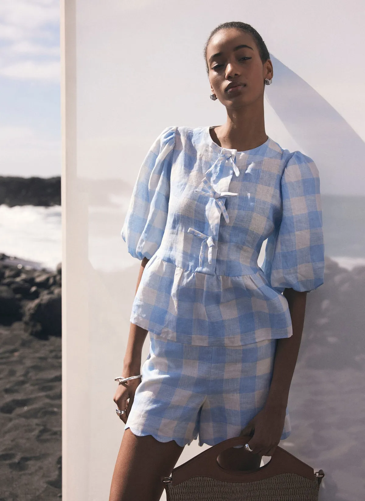 Blue Gingham Linen Top