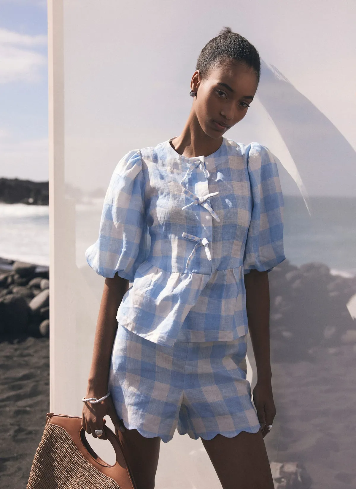 Blue Gingham Linen Top
