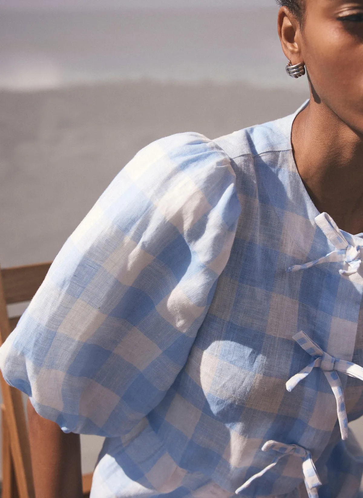 Blue Gingham Linen Top